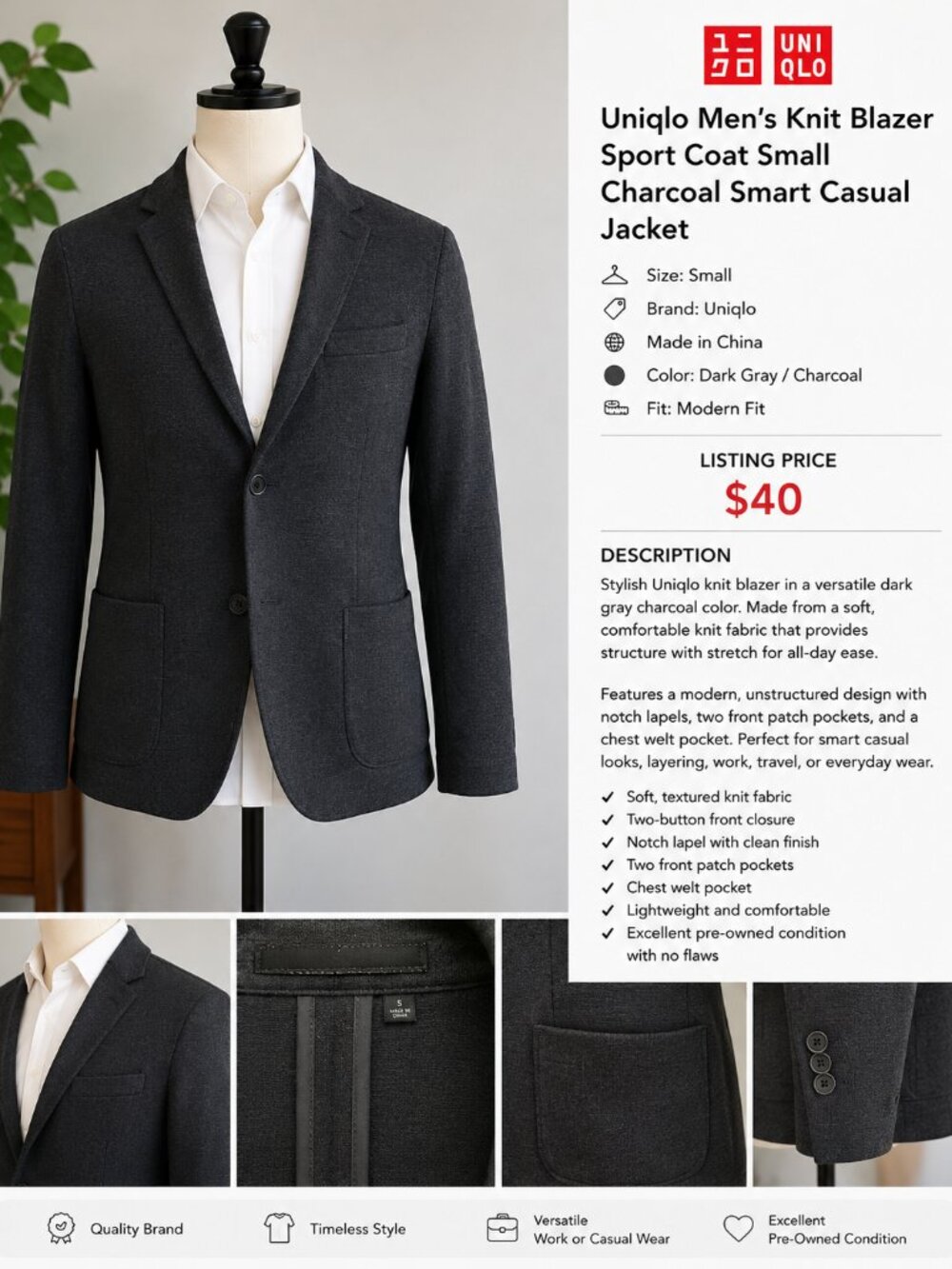 Uniqlo Men’s Knit Blazer Sport Coat Small Charcoal Smart Casual Jacket